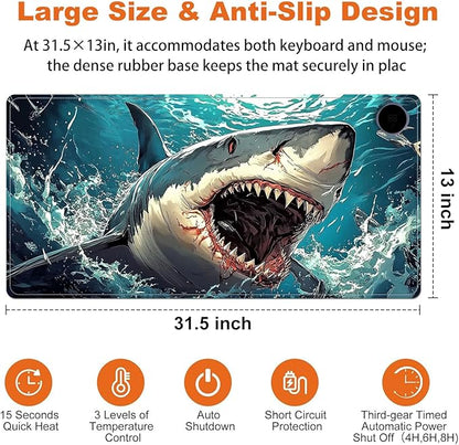 Heated Mouse Pad for Desk 31.5" x 13" – PU Leather Warm Desk Pad with 3 Heat Levels (104°F/113°F/122°F), Plug-in Electric Heating Mat with Auto Shut-Off, Waterproof & Rollable, Angry Shark