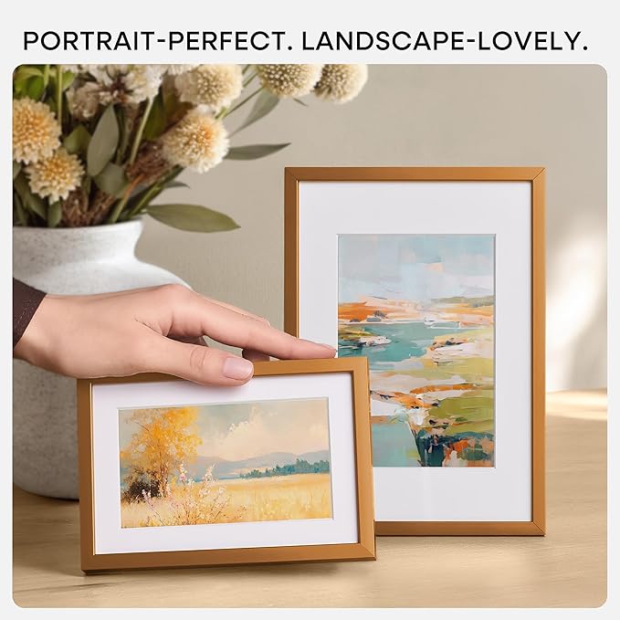 Homeforia 6x8 Picture Frame Bronze, High End Metal 6 x 8 Brass Frames with Mat 5 x 7 for Art, 6x8 Desk Frame Matted to 5x7 inch Photo, 6 by 8 Wall or Tabletop Frame, Tempered Glass, Wall Kit, Set of 1