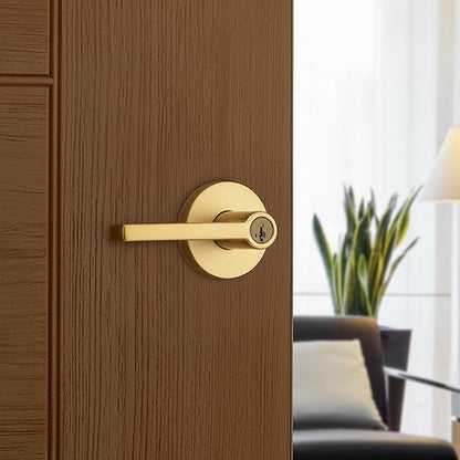 Kwikset Halifax Entry Door Handle with Lock and Key, Secure Keyed Reversible Lever Exterior, for Front Entrance and Bedrooms, Satin Brass, 10 Pack, Pick Resistant SmartKey Rekey Security
