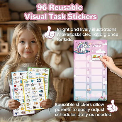 JJPRO Magnetic Bedtime/Morning/Daily Reward Routine Chart for Kids with Reward Jar-Bedtime Routine Chart,Reward Jar for Kids,Daily Checklist Reward Chart for Toddlers,Visual Schedule Board -Unicorn