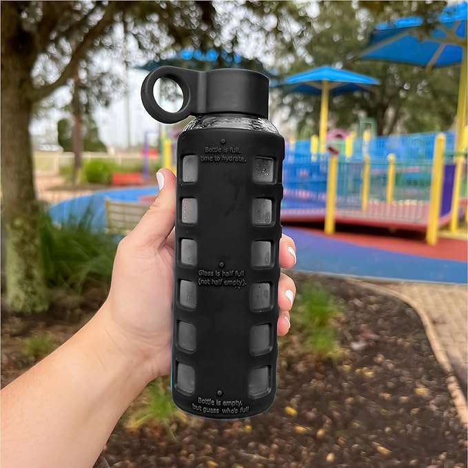 purifyou 40oz / 32oz / 22oz / 12oz Borosilicate Glass Water Bottle with Time & Volume Markers, Silicone Sleeve, Stainless Steel Lid | Reusable Glass Bottle for Water & Juice (12oz JetBlack)