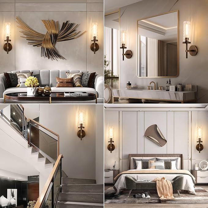 15" Knurled Brass Wall Sconces Set of 2, Bronze Bathroom Vanity Light Fixtures with Water Ripples Glass Tube, Modern Lamp Lighting for Bedroom, Living Room, Hallway, Staircase, Mirror, Kitchen