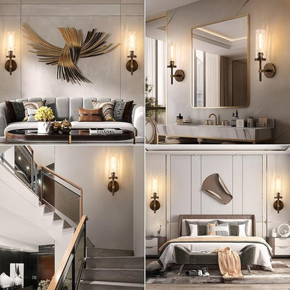 15" Knurled Brass Wall Sconce with Water Ripples Glass Tube, Bronze Bathroom Vanity Light Fixtures, Modern Lamp Lighting for Bedroom, Living Room, Hallway, Staircase, Mirror, Kitchen