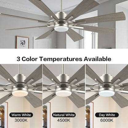 WINGBO 60" DC Ceiling Fan with Lights and Remote Control, Brushed Nickel and Gray Ceiling Fan, 8 Plywood Blades, 6-Speed Reversible DC Motor, Modern Ceiling Fans Indoor for Kitchen Bedroom Living Room