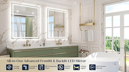 Keonjinn 44" x 36" Bathroom Mirror with Lights, Frontlit & Backlit LED Bathroom Mirror, Safe Tempered Glass, Anti-Fog, 3000K/4500K/6500K, Dimmable, UL-Listed, Frameless LED Wall Mirror