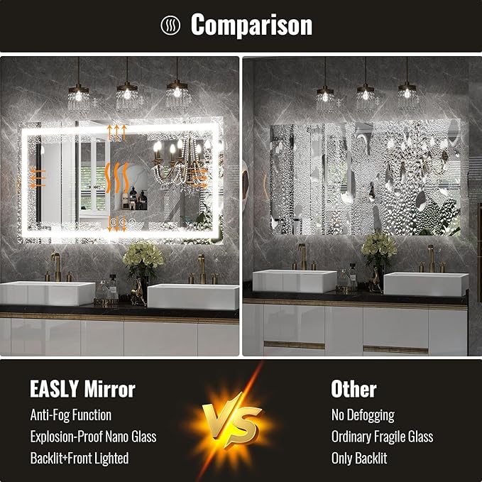LED Bathroom Mirror, 32x48 Inch White Framed Gradient Front and Backlit Vanity Mirror, Anti-Fog, Dimmable, Wall Mounted Horizontal/Vertical Lighted Mirror, LED Vanity