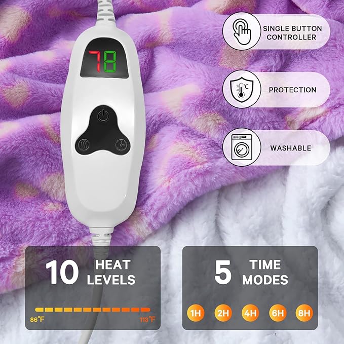 Leopard Print Electric Heated Blanket Queen Size,84X90 Purple Heating Blanket Queen with Dual Control&Timer&10 Heat Levels,Cute Leopard Fleece Sherpa Blankets Warmer Gifts for Bed Women Adults