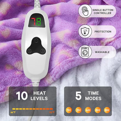 Leopard Print Electric Heated Blanket Queen Size,84X90 Purple Heating Blanket Queen with Dual Control&Timer&10 Heat Levels,Cute Leopard Fleece Sherpa Blankets Warmer Gifts for Bed Women Adults