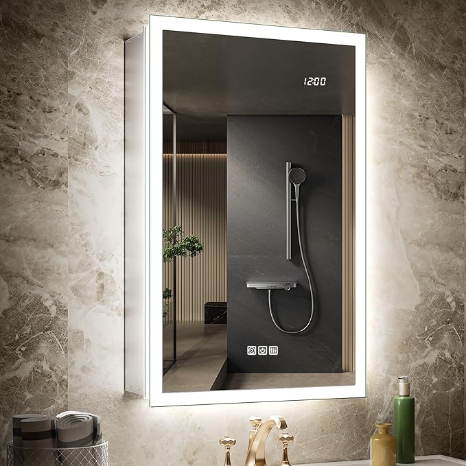 20x32 Medicine Cabinet Mirror with Double Lights & Clock, Front+Backlit Surface or Recessed Fogless Lighted Medicine Cabinet Mirror, 155°Soft-close Right Hinge,Time-Display,Outlet,Inner Light