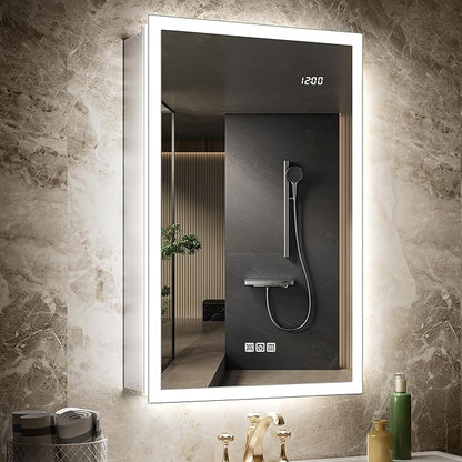 20x32 Medicine Cabinet Mirror with Double Lights & Clock, Front+Backlit Surface or Recessed Fogless Lighted Medicine Cabinet Mirror, 155°Soft-close Right Hinge,Time-Display,Outlet,Inner Light