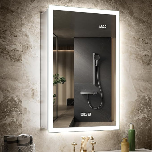 20x32 Medicine Cabinet Mirror with Double Lights & Clock, Front+Backlit Surface or Recessed Fogless Lighted Medicine Cabinet Mirror, 155°Soft-close Right Hinge,Time-Display,Outlet,Inner Light