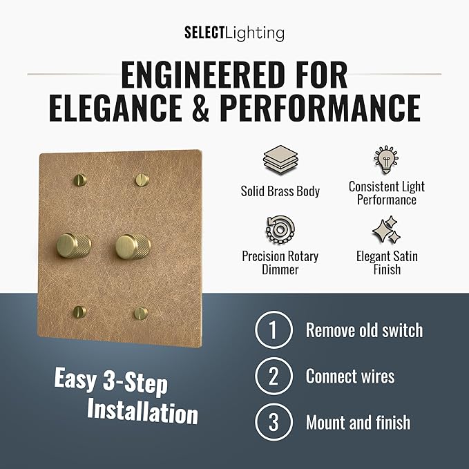 SELECT Vintage Brass Dimmer Light Switch, 1 Way Rotary Dimmer, 2 Gang TRIAC/Leading Edge Dimmable LED Light Switch, 15A 120V AC with Brass Knob, Faceplate & Dimming Module, UL Listed