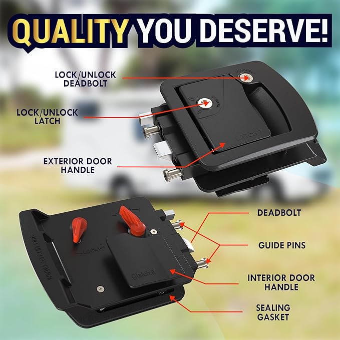 LATCH.IT RV Door Lock Replacement | Class C Camper Door Latch Fits 3.50" x 4.50" Lock Holes | 100% Metal RV Door Latch Replacement | RV Latch | Camper Door Locks with 2 High-Security Keys Included