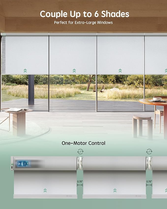 Yoolax Smart Coupled Roller Shades Compatible with Alexa Google, Motorized Blinds with Remote Blackout Coupled Roller Shades for X-Large Windows, Custom Size (XL Coupled-White)