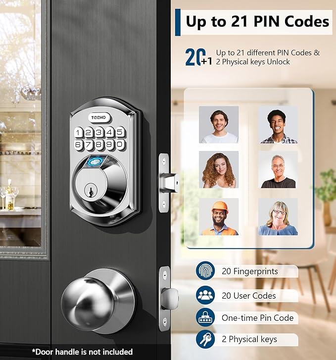 TEEHO TE002 Fingerprint Door Lock - Keyless Entry Door Lock - Electronic Keypad Deadbolt - Smart Locks for Front Door - Auto Lock - Easy Installation - Satin Nickel