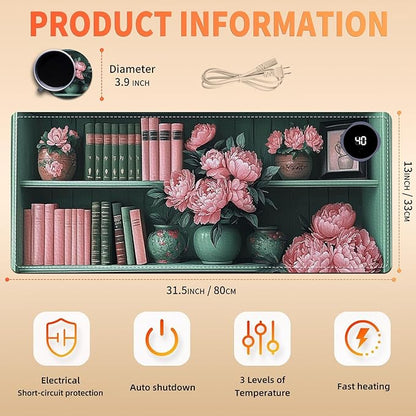 Heated Mouse Pad 31.5x13 in 3-Temp Fast Heating Desk Mat with Auto Timer Warmer for Hands Wrist Pain Relief Waterproof Keyboard Mat for Office, Gaming, Home, Vintage Floral Bookshelf