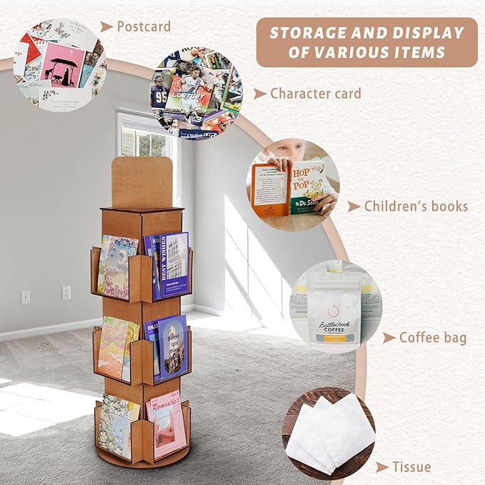 Natheeph Rotating Display Stand Greeting Card Display Wooden Display Rack with Two Card Sticker for Greeting Card Vendor Coffee Bag 3 Tier Tabletop Display Stand (Brown)