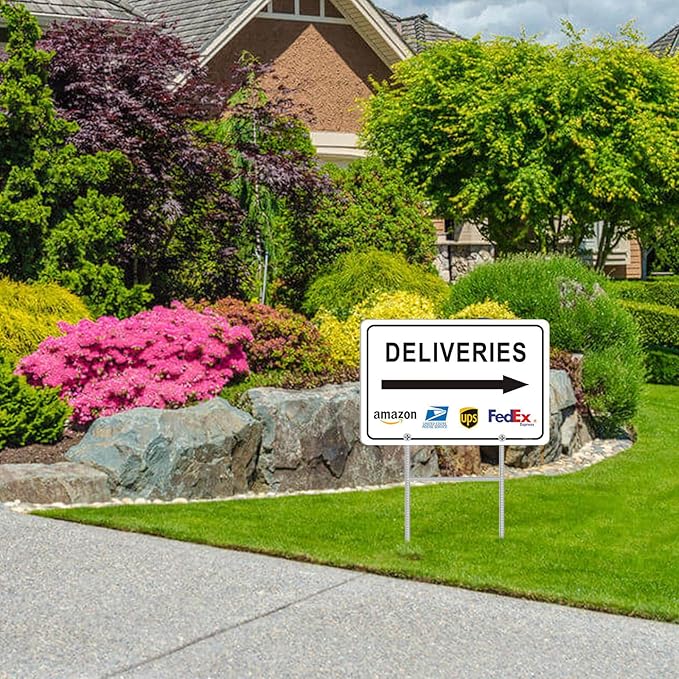 Deliveries Sign with Stake 12”x8” Delivery Sign with Arrow Right Aluminum Metal Delivery Instruction for Packages Easy Installation for Home