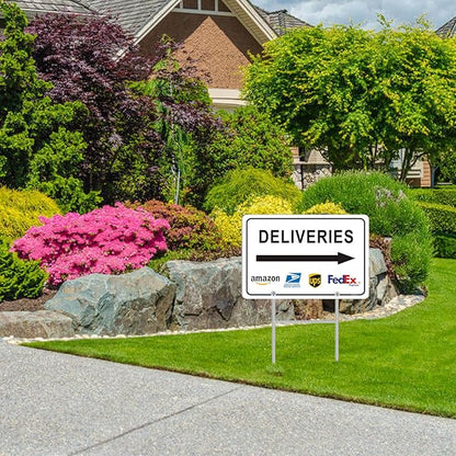 Deliveries Sign with Stake 12”x8” Delivery Sign with Arrow Right Aluminum Metal Delivery Instruction for Packages Easy Installation for Home