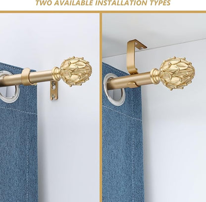 Curtain Rods 28"-48" Adjustable, Gold, Metal, Wall Mounted, Single Window Treatment Rods with Classic Finials