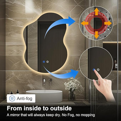 30"x22" Irregular LED Bathroom Mirror with Front & Backlight, Anti-Fog, Dimmable, 3 Color Modes, Wall-Mounted [Horizontal/Vertical]