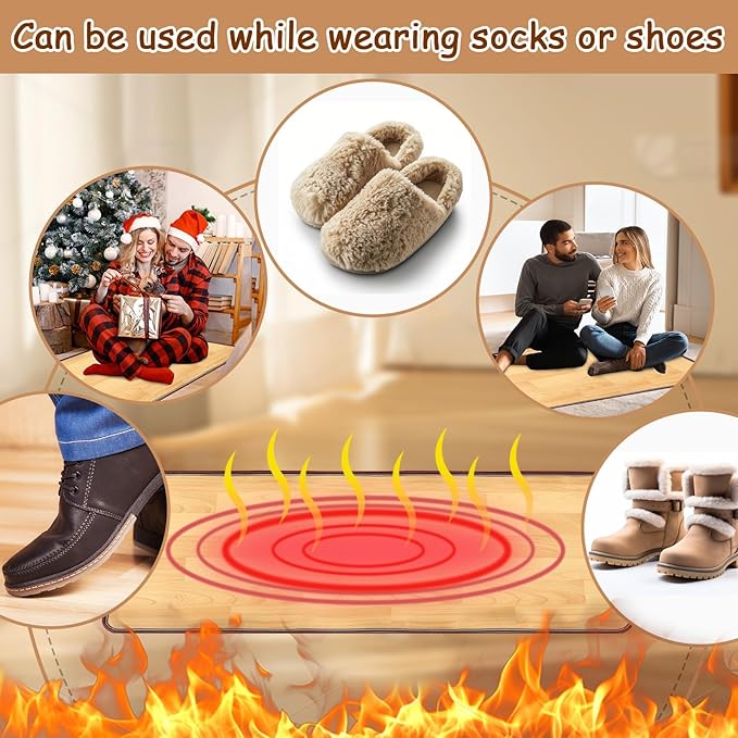 PVC 110V Heated Floor Mat Heater for Foot Warmer Under Desk 48 x 20 Inch Carbon Crystal Wood Stripe Electric Heating Carpet Pad Energy Saving Indoor Heated Rug for Home Office House Brown
