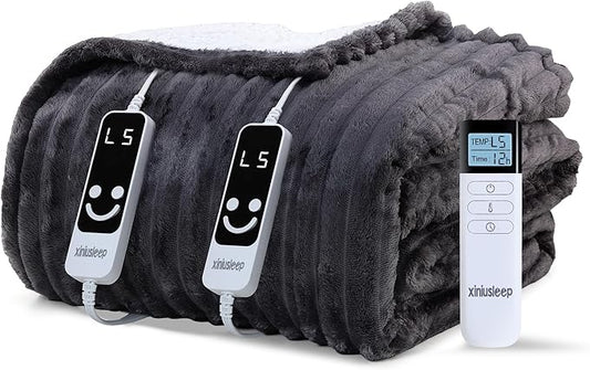Heated Blanket Electric Blanket 90"x90", Soft Flannel Sherpa Electric Throw with 5 Heating Level & 12 Times Setting, Heated Throw with Overheating Protection, Machine Washable (Grey)