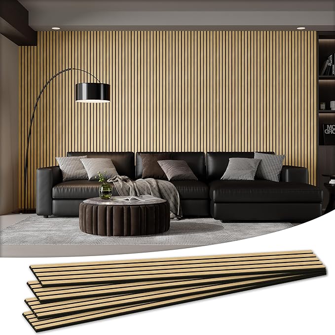 Wood Salt Acoustic Wall Panels, 4 Piece 94" x 12.6" x 0.8" Soundproof Wooden Wall Panels, 3D Fluted Sound Absorbing Panel, Rustic Oak