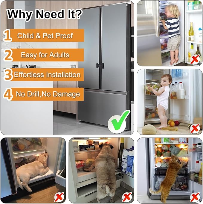 Fridge Locks for Kids, Child Proof Refrigerator Lock, Baby Safety French Fridge Door Lock, Child Cabinet Locks with Strong 3M Adhesive, No Drill, Tool-Free Install (2 Pack, Black)