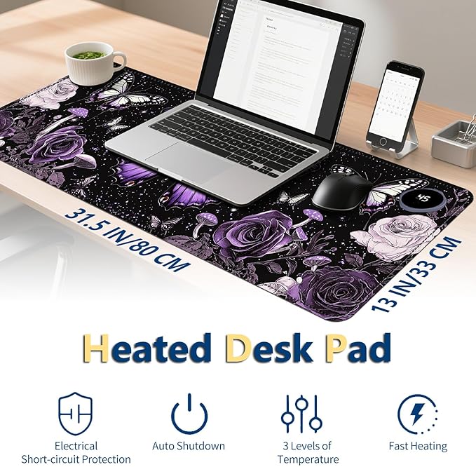 Heated Mouse Pad with 3 Temperature Settings(104°F–122°F),Large 31.5x13 Inch PU Leather Heated Desk Mat,Waterproof Warming Pad for Office,Gaming & Cold Hands Relief,Purple Butterfly Flower