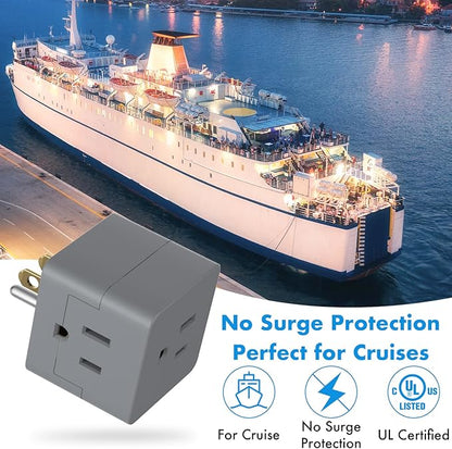 POWERCORDS 3 Power Blocks Outlet Splitter, 3 Pack, Grounded Wall Tap, 3-Prong Plug Adapter AC Multi Plug Wall Outlet, Power Splitter, Cruise Essentials, for Home Office School Dorm, UL Listed,Grey