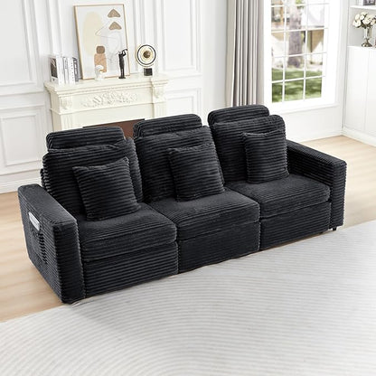 LEVNARY 3-Seater Modular Reclining Sofa, Faux Rabbit Fur Power Recliner Couch with 3 Electric Seats, 3 Pillows & Side Pockets, Adjustable Back & Footrest, Living Room Furniture (Black)