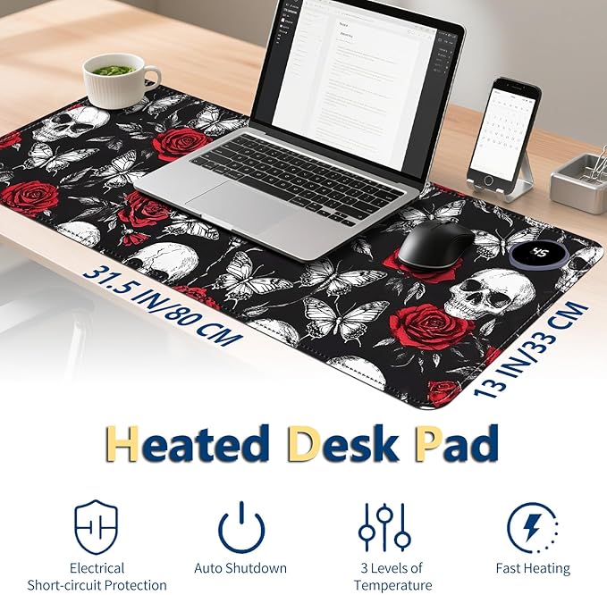 Heated Mouse Pad with 3 Temperature Settings(104°F–122°F),Large 31.5x13 Inch PU Leather Heated Desk Mat,Waterproof Warming Pad for Office,Gaming & Cold Hands Relief,Skeleton Skull Rose