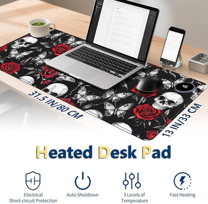 Heated Mouse Pad with 3 Temperature Settings(104°F–122°F),Large 31.5x13 Inch PU Leather Heated Desk Mat,Waterproof Warming Pad for Office,Gaming & Cold Hands Relief,Skeleton Skull Rose