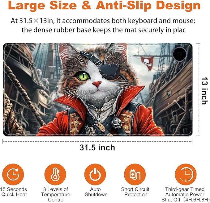 Heated Mouse Pad for Desk 31.5" x 13" – PU Leather Warm Desk Pad with 3 Heat Levels (104°F/113°F/122°F), Plug-in Electric Heating Mat with Auto Shut-Off, Waterproof & Rollable, Pirate Cat