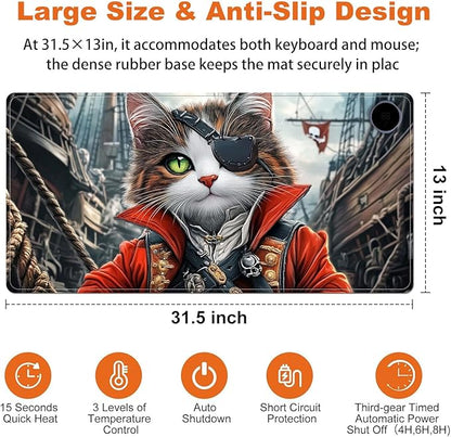 Heated Mouse Pad for Desk 31.5" x 13" – PU Leather Warm Desk Pad with 3 Heat Levels (104°F/113°F/122°F), Plug-in Electric Heating Mat with Auto Shut-Off, Waterproof & Rollable, Pirate Cat