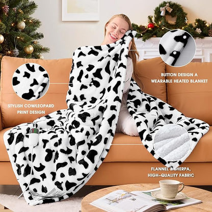 Cow Print Electric Heated Blanket King Size,90X100 Black Heating Blanket King with Dual Control&Timer&10 Heat Level,Cute Cow Decor Fleece Sherpa Blankets Warmer Gifts for Bed Women Adults