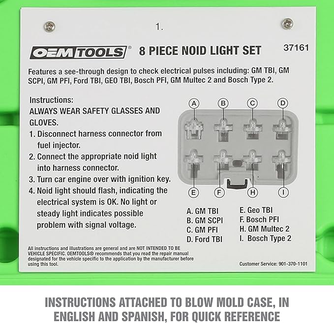 OEMTOOLS 37161 Noid Light Set, 8-Piece, Diagnose Issues in Any Automobile’s Ignition or Fuel Injection Systems, Work with Nearly Every Modern Car, Mechanics’ Tools, Come with Carrying Case