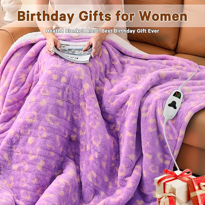Leopard Print Electric Heated Blanket Queen Size,84X90 Purple Heating Blanket Queen with Dual Control&Timer&10 Heat Levels,Cute Leopard Fleece Sherpa Blankets Warmer Gifts for Bed Women Adults