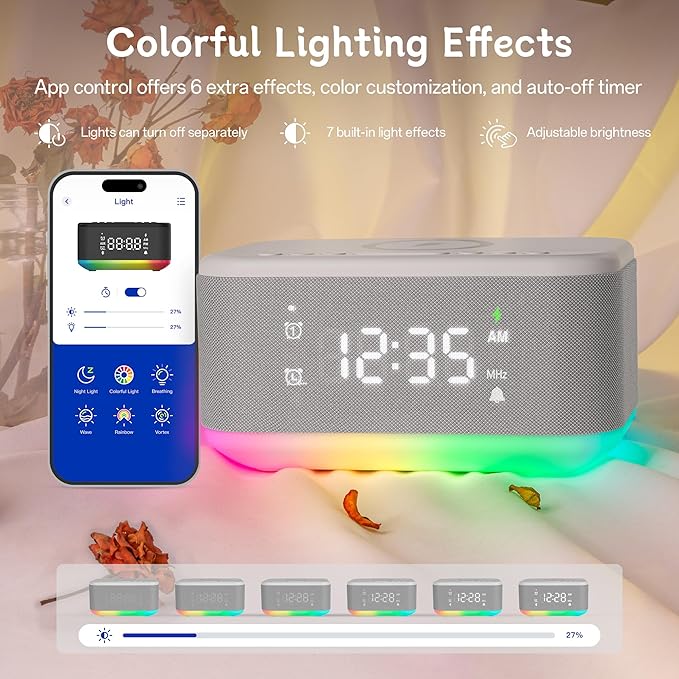 Bluetooth Alarm Clock Radio Bedroom, Digital Dual Alarm Clock Bedroom, Up to 10 Alarms Clock Night Light Speaker App/Button Control FM Charge Snooze Adjustable Volume Dim 12/24H, Grey