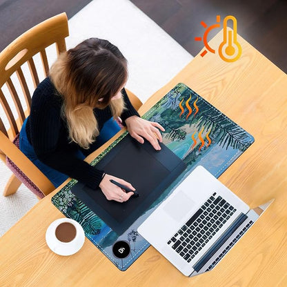 Heated Mouse Pad, Warm Desk Pad, Keyboard Mat 23.6 x 14 Inch Large Size Intelligent Fast Heating, 3 Speed Adjustable, Timed Auto Power Off for Game Office Home, Blue Sea Level Beach Woods