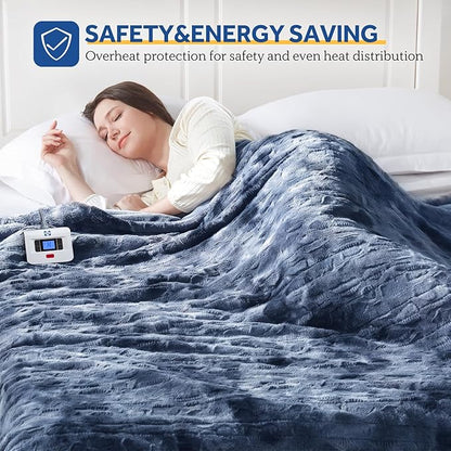 Sealy Electric Blanket Twin Size, Faux Fur & Flannel Heated Blanket with 10 Heating Levels & 1-12 Hours Auto Off, Fast Heating Blanket, Machine Washable, Navy Blue, 62x 84 Inch