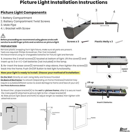 Royal Designs, Inc. Cordless Remote Control LED Picture Light, Dimmable with Timer Function, Black, 6.75 Inches, 2 Pack