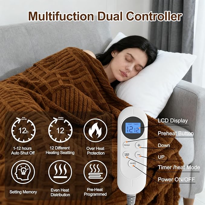 Heated Blanket Electric King,Waffle Heating Blanket with 12 Heat Levels, Fast Heating Blanket with 1-12H Timer Settings, Overheat Protection with ETL & FCC for Home Office Sofa-90"x100"
