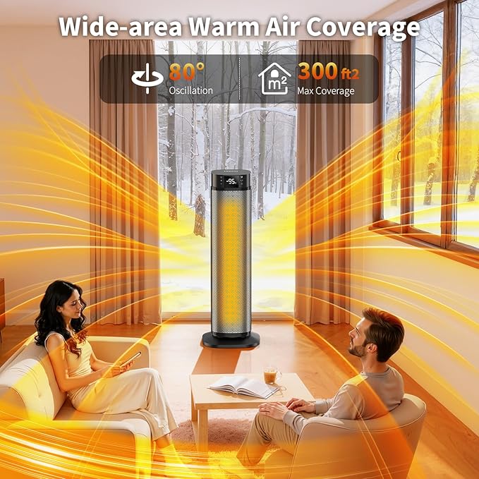 Space Heater, 24" Electric Heaters for Indoor Use, 1500W PTC Ceramic Heater for Office with Remote, Thermostat, 3 Modes, 35dB Quiet, 12H Timer Portable Heater for Bedroom Home Large Rooms Silver