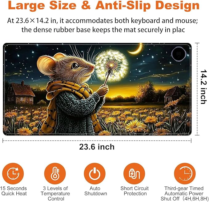 Small Heated Desk Pad 23.6" x 14.2" – Compact Electric Mouse Pad with 3 Heating Levels, Auto Shut-Off, Waterproof PU Surface, Plug-in Warmer for Office or Home Use, Mouse with Dandelion