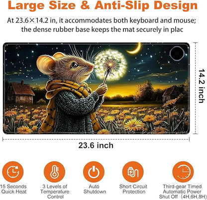 Small Heated Desk Pad 23.6" x 14.2" – Compact Electric Mouse Pad with 3 Heating Levels, Auto Shut-Off, Waterproof PU Surface, Plug-in Warmer for Office or Home Use, Mouse with Dandelion