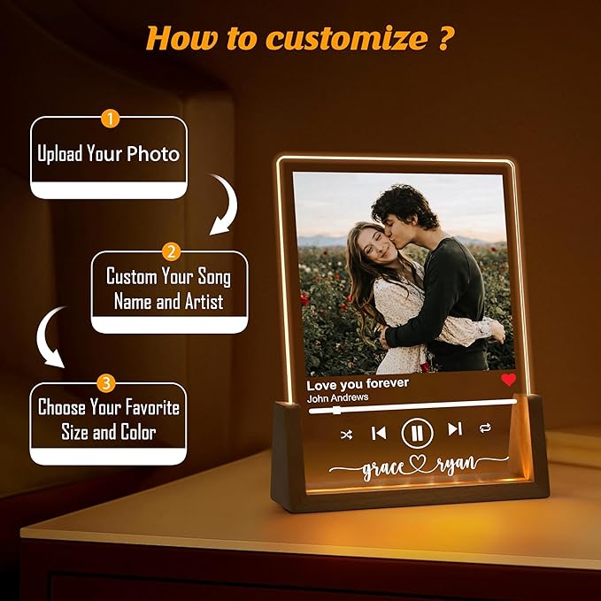 NAZENTI Personalized Couple Photo Frame with Light, Custom Picture Plaque with Stand, Couple Music Song Night Light, Gift for Him, Valentine Day Gifts for Girlfriend Boyfriend