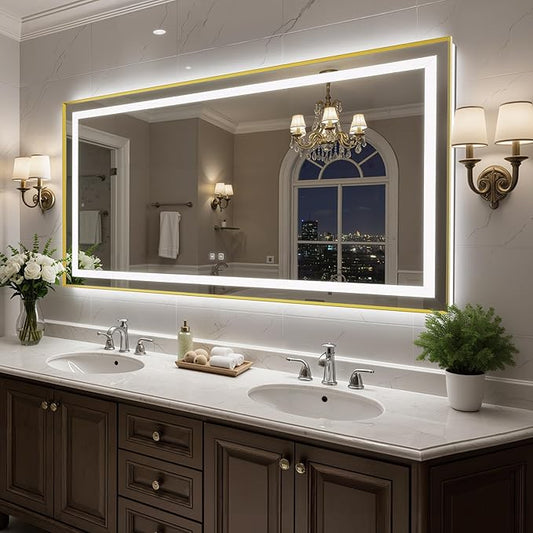 72X36 Inch LED Bathroom Mirror with Lights, Gold Frame Frontlit+ Backlit Bathroom Vanity Mirror for Wall, Ultra-Clear Tempered Glass, Shatter-Proof, Anti-Fog and Memory Function, ETL Listed