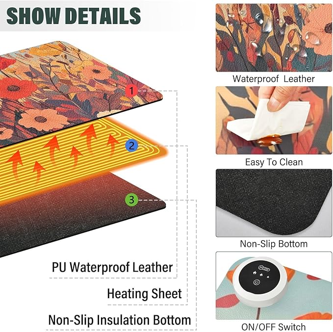 Heated Desk Pad Mouse Pad 31.5x13 Inch PU Leather Desk Mat with 3 Heat Levels Large Mouse Gaming Computer Laptop Mat Autumn Poppy Flowers